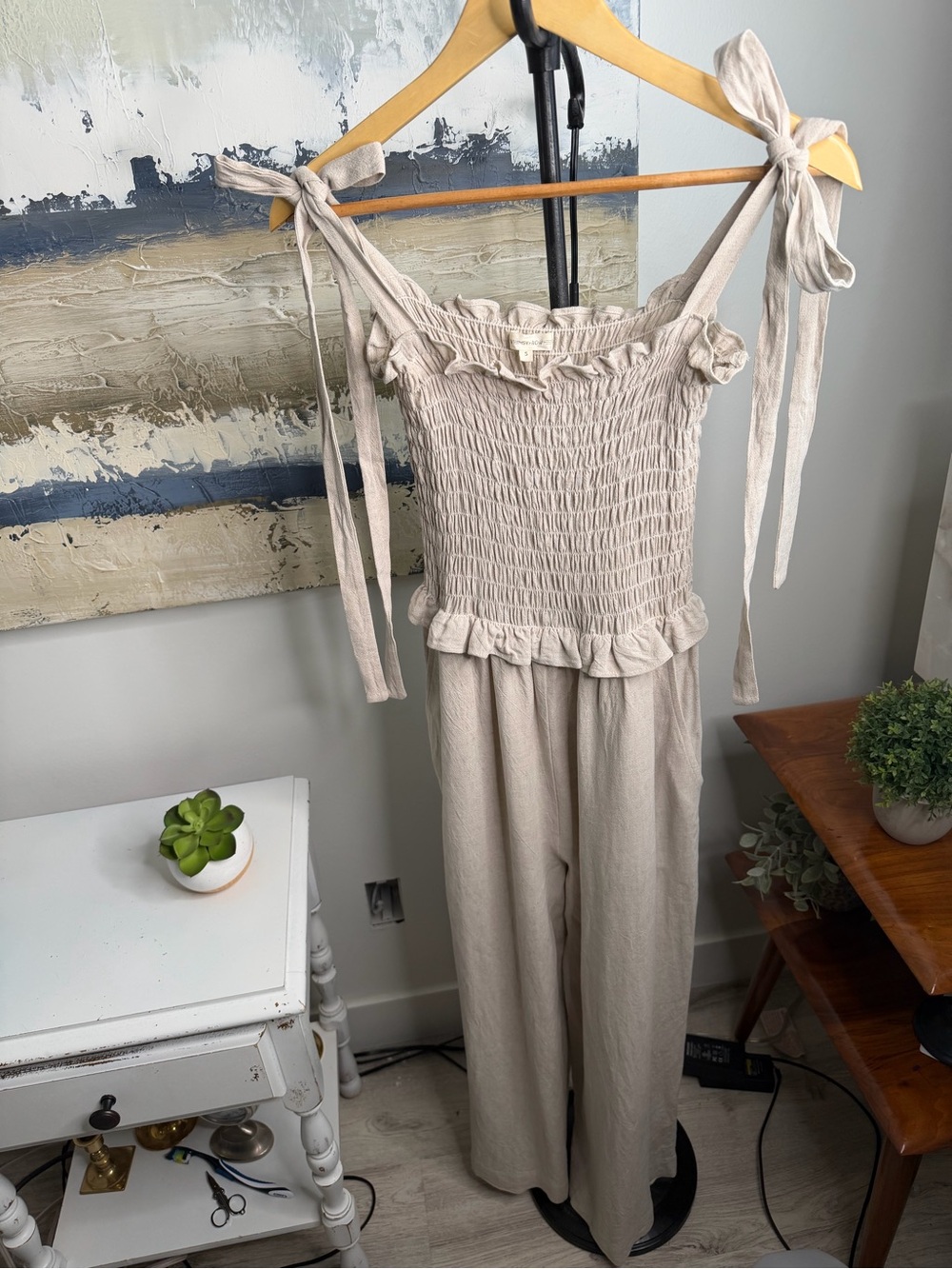 Whimsy + Row Neutral Smocked Ruffle-Neck Jumpsuit - Picture 2 of 9
